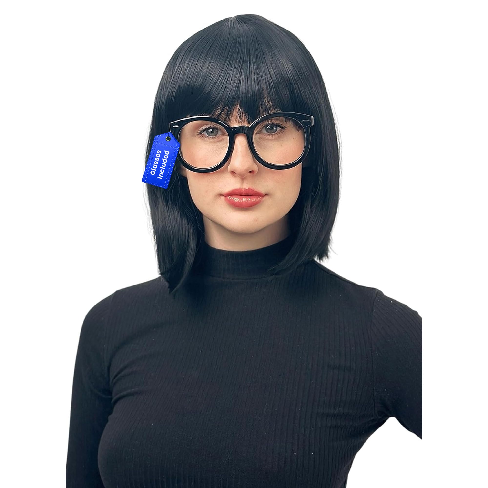 Photo 1 of ALLAURA Incredible Edna Mode Wig and Glasses - Black Flapper Bob Wig with Bangs 20s Costume 1920s Flapper for Women - Halloween Cosplay Costume for Women