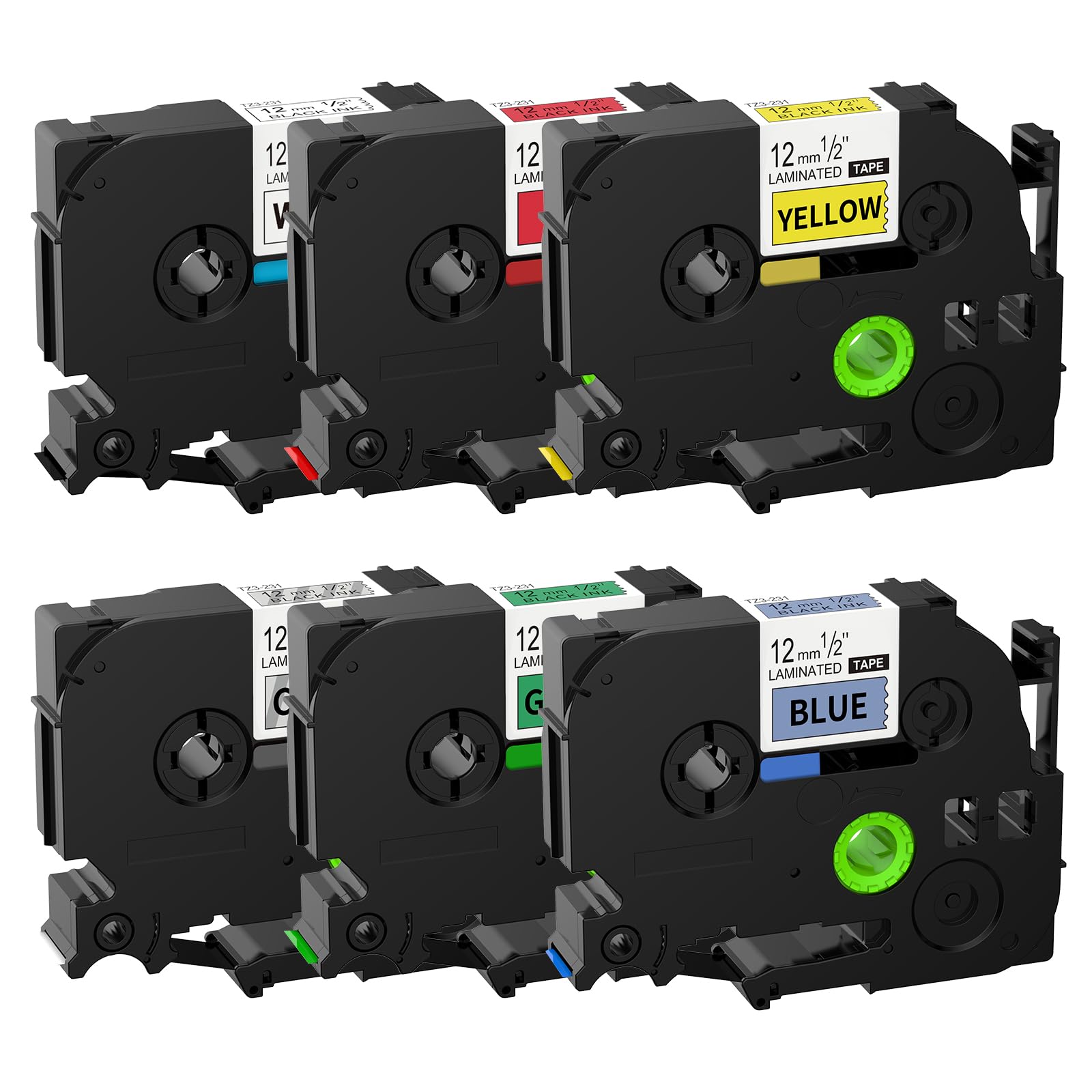 Weipto Compatible Label Tapes Replacement for Brother P-Touch Label Tapes, 12mm x 8m, TZe-131/231/431/531/631/731, Black on Clear/White/Red/Blue/Yellow/Green, 6 Packs