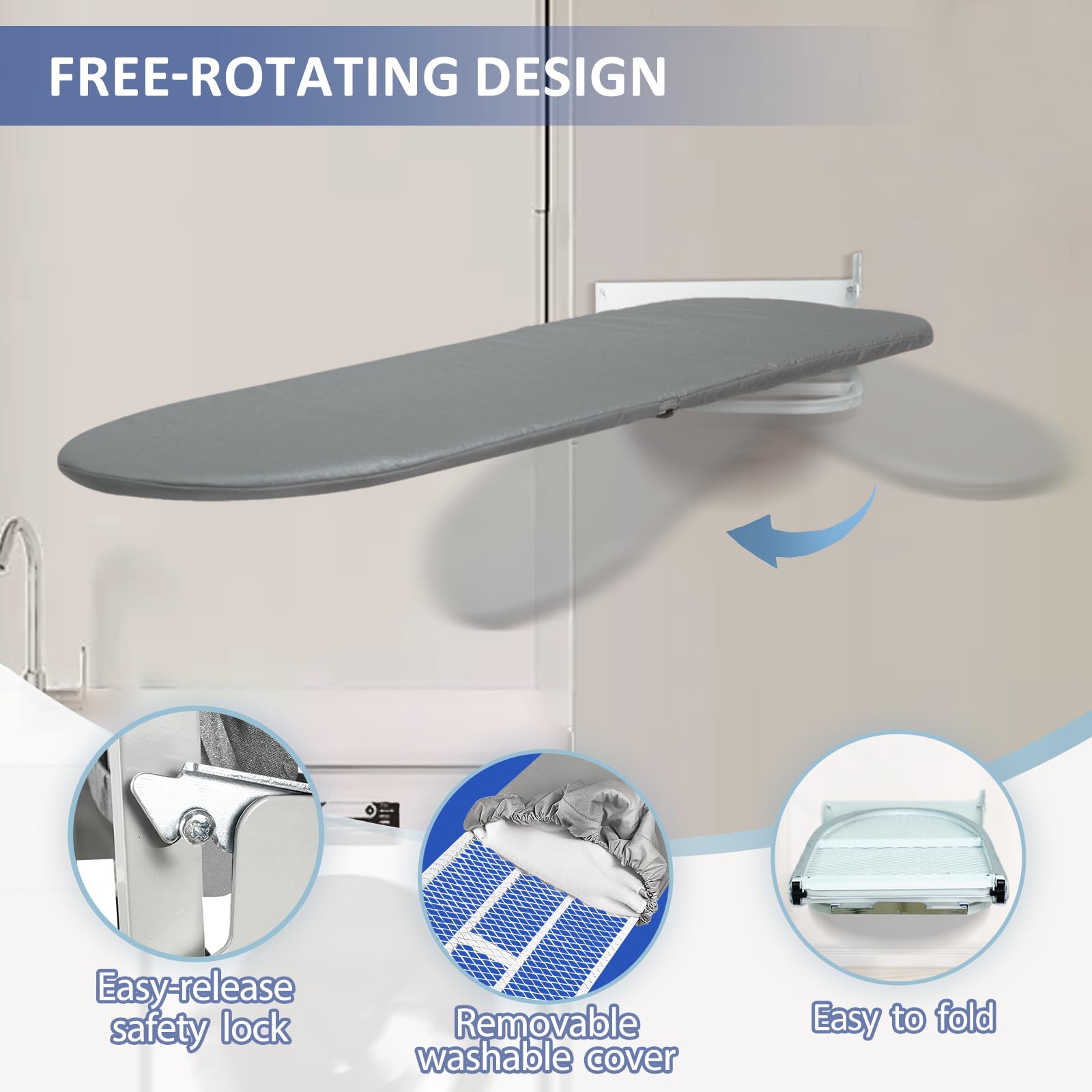 VerRich Wall Mounted Ironing Board, 36” x 12”180°Rotatable Foldable Ironing Boardwith Heat Resistant Cover, Space-Saving for Home, Laundry Room,Apartment & Dorms, Gray