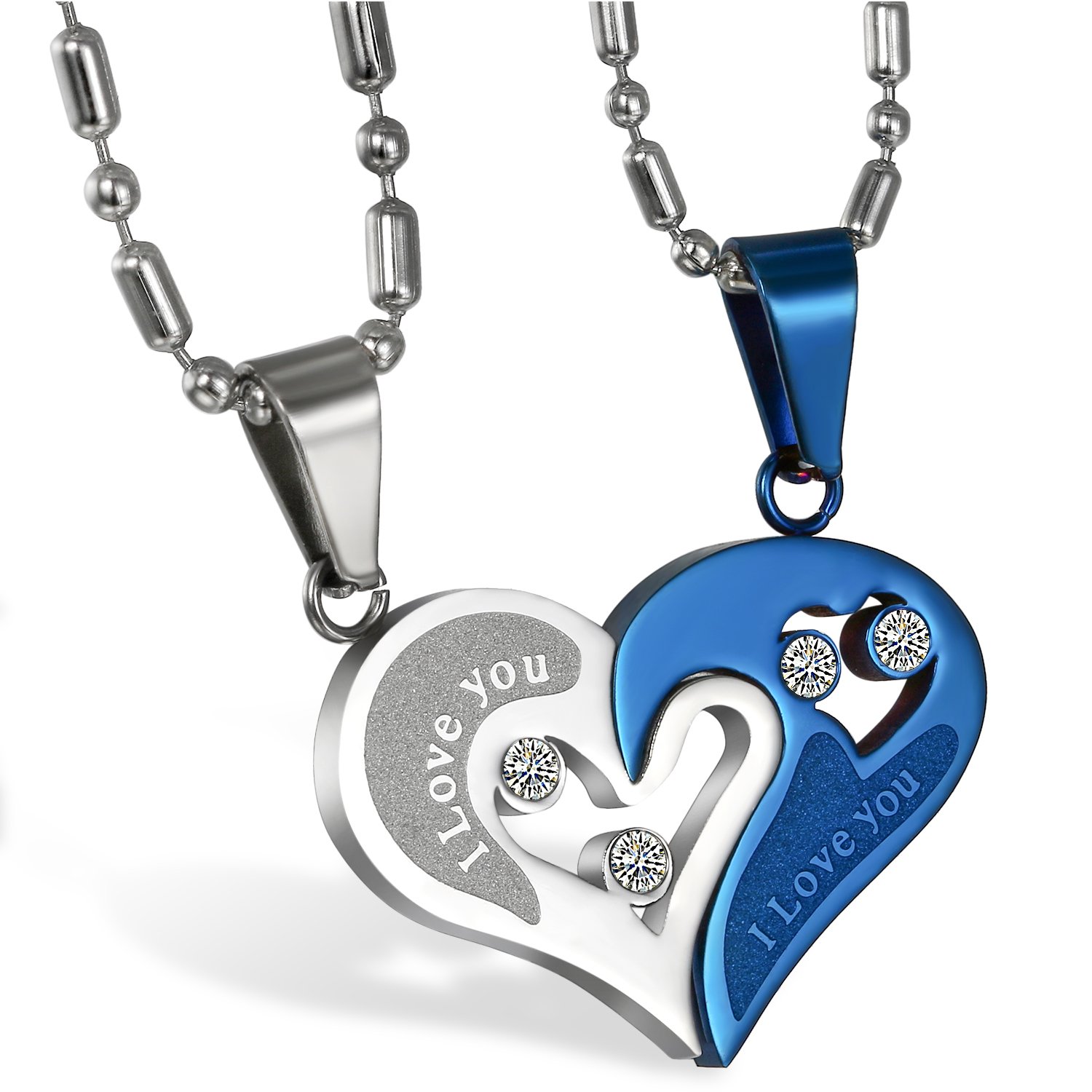 JewelryWe Valentine Day Gifts 2pcs His and Hers Heart Stainless Steel Pendant I Love You Promise Necklace Set (One Pair)