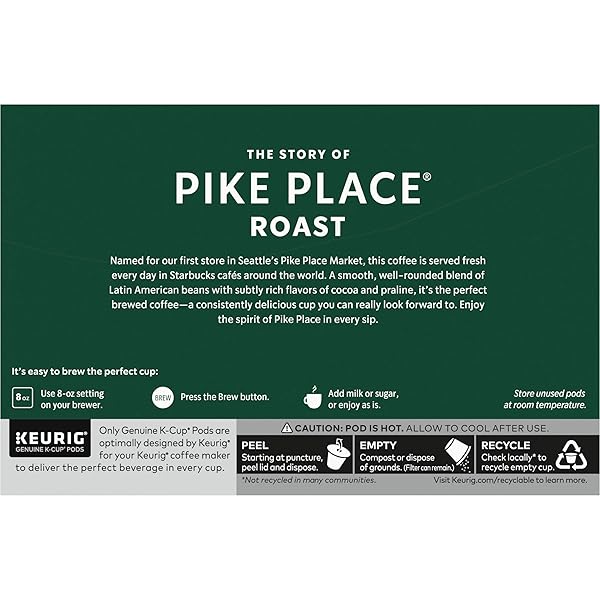 STARBUCKS K-CUP COFFEE PODS, MEDIUM ROAST HOT OR ICED COFFEE, PIKE PLACE ROAST, 10 KEURIG PODS ​