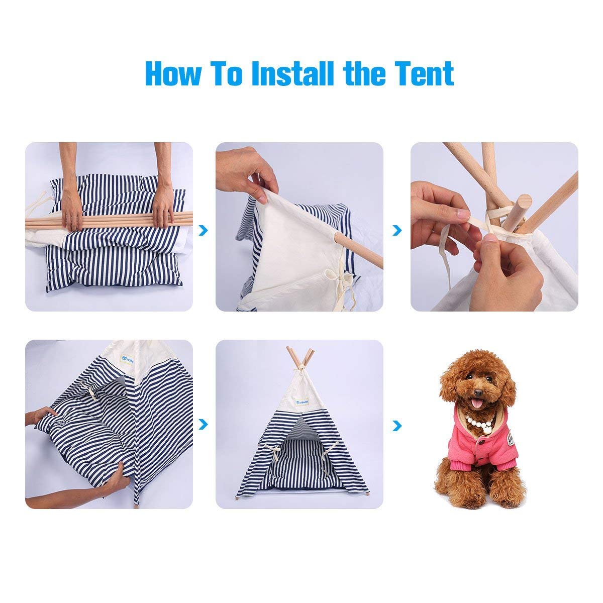 isYoung Pet Tent Bed, Pet Teepee House for Cats and Little Dogs Washable Navy Stripe Style with Breathable Mesh Window - Come with A Mat, Used All Year