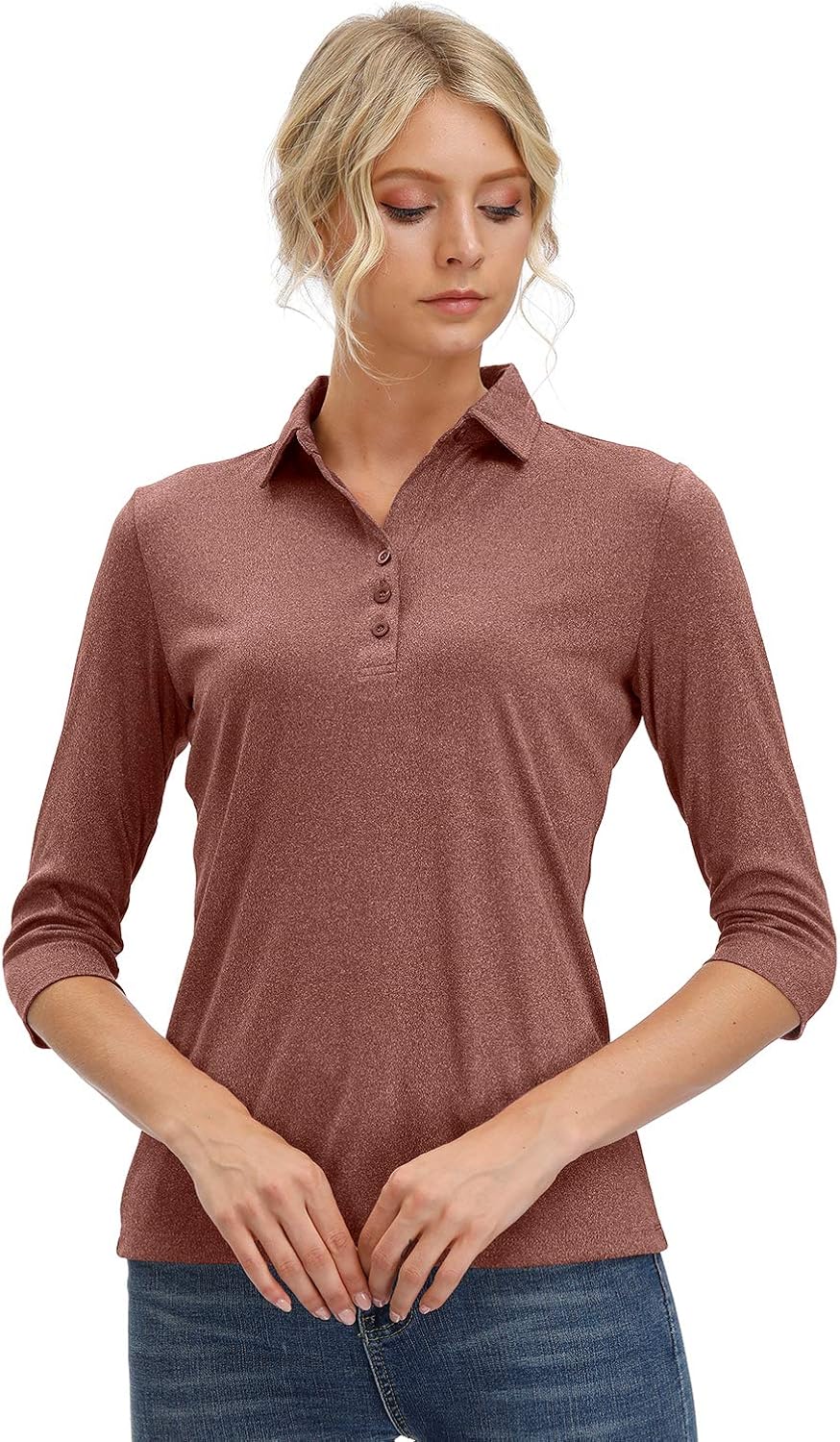 Women's 3/4 Sleeve V Neck Golf Shirts Moisture Wicking Performance Knit Tops Fitness Workout Sports Leisure T-Shirt: Clothing
