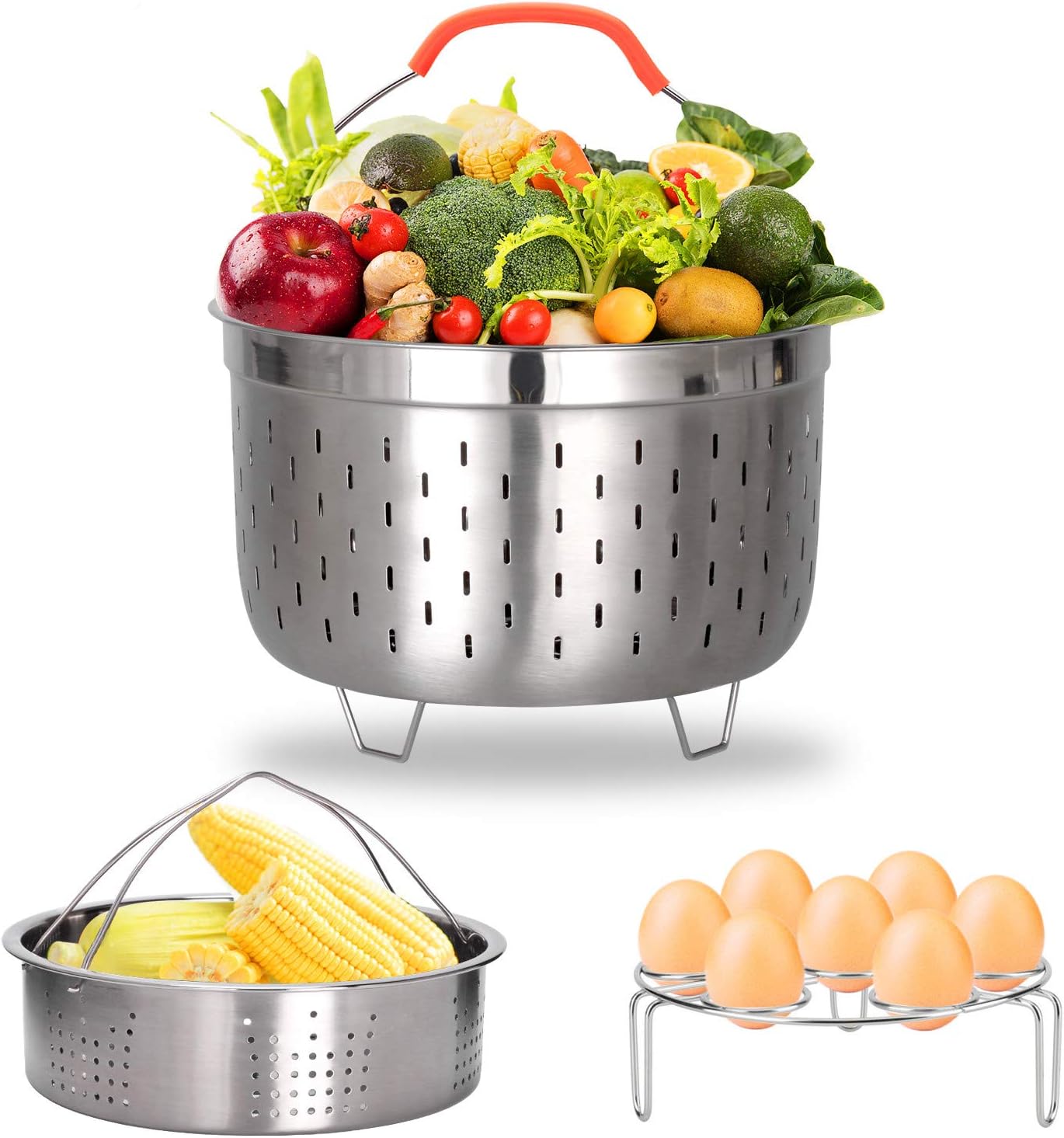 Steamer Basket Stainless Steel with Egg Rack Trivet, Compatible with Instant Pot for 6 Qt 8 Quart Pressure Cooker Accessories, for Food, Fruit, Vegetable and More