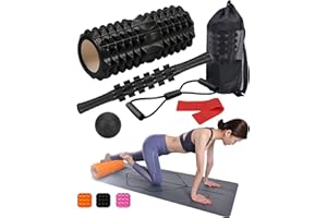 Yoga Roller 6-Piece Set: Foam Roller, Body Roller Stick, Massage Ball, Resistance Bands & Bag for Deep Tissue Massage & Back 