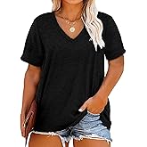 Plus Size V Neck T Shirts Women Short Sleeve Tops Casual Summer Tshirts Loose Fit Tee