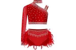 ranrann Kids Girls Shiny Dance Crop Top and Feather Briefs Skirt Sparkly 2 Piece Jazz Ballet Gym Dance Outfit