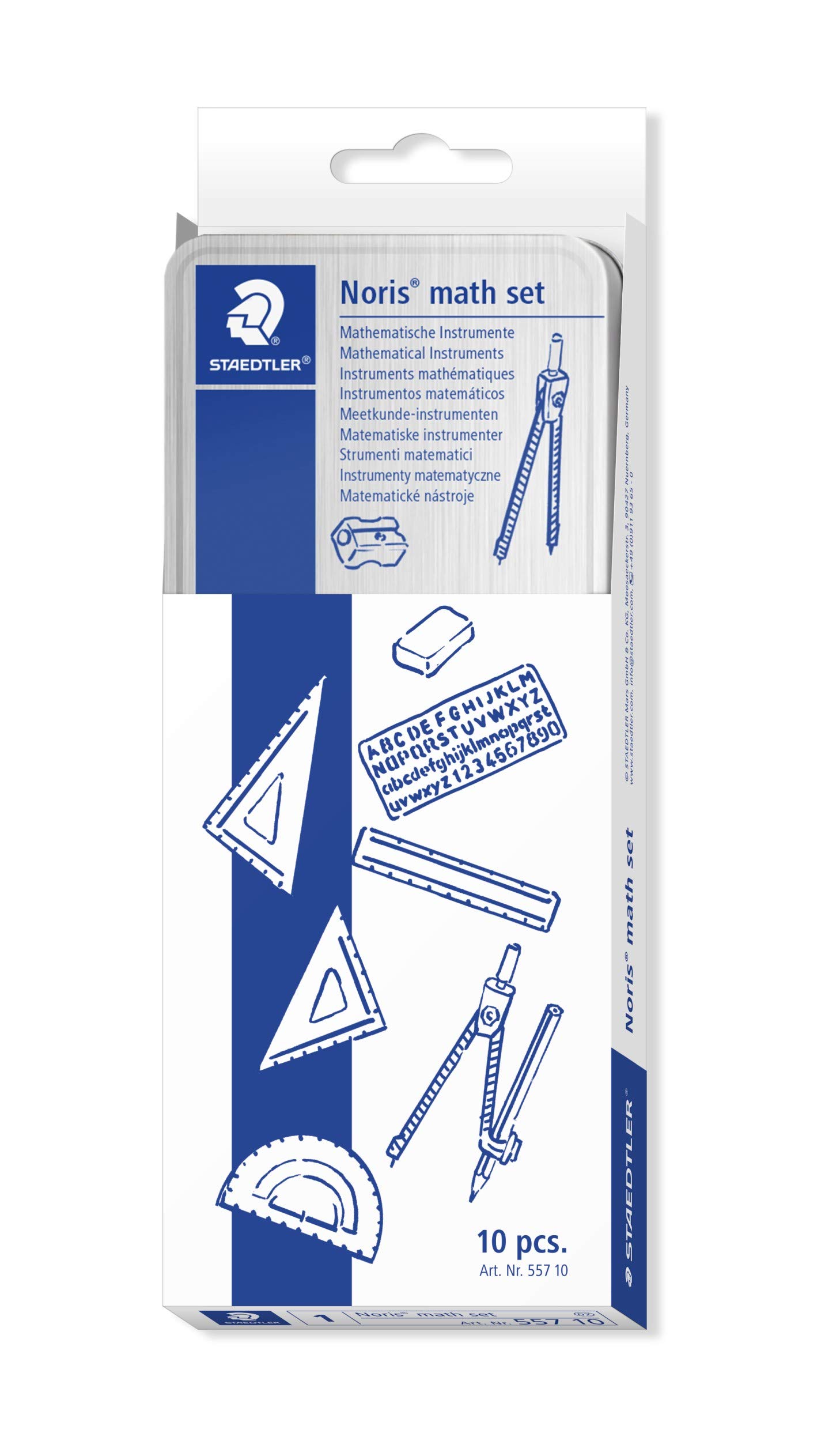 STAEDTLER 557 10 Noris Maths Set with Storage Tin (10 Pieces including Compass, Ruler, Protractor and Set Squares)