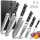 MOSFiATA Damascus Chef Knife Set 5PCS-Professional Sharp High Carbon VG10 Stainless Steel Kitchen Knife with Finger Guard, Knife Sharpener Rod Gift