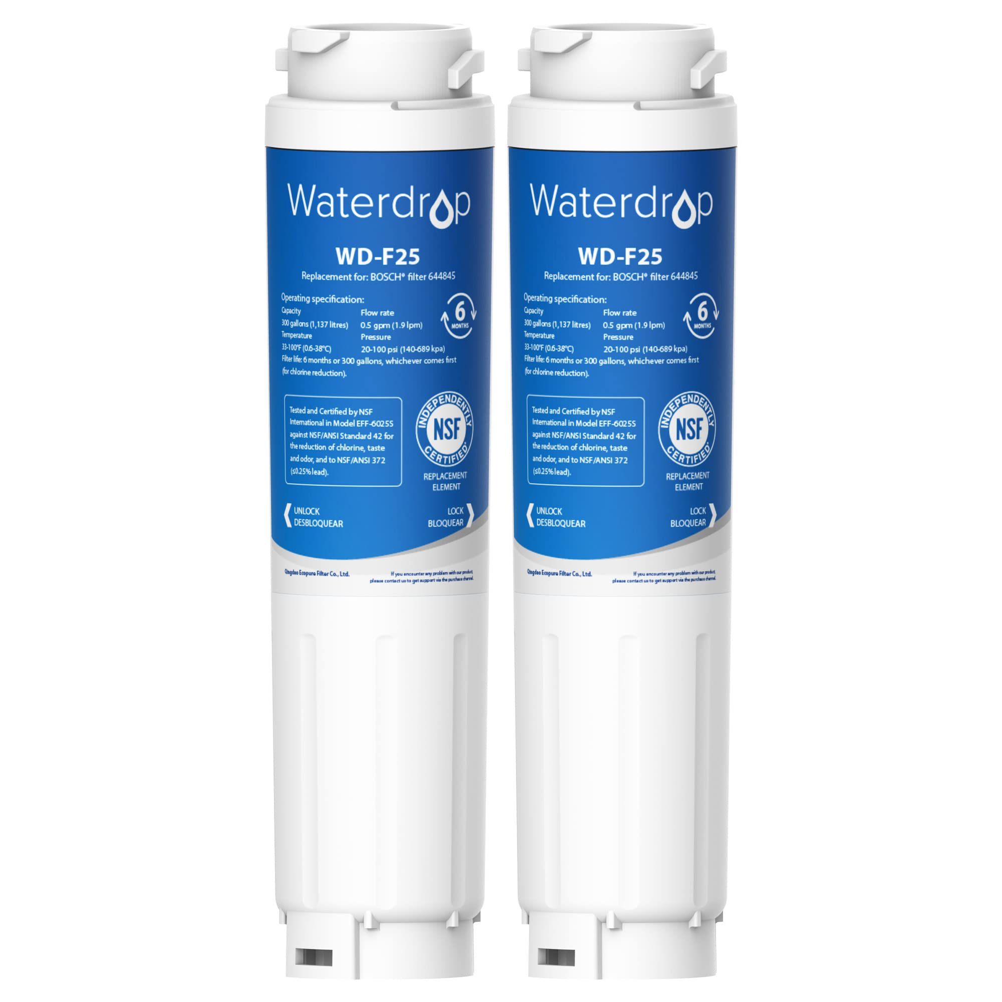 Waterdrop WD-F25 Fridge Water Filter, Replacement for Bosch® Fridge UltraClarity 644845, 740560 9000077104 (2 Pack)
