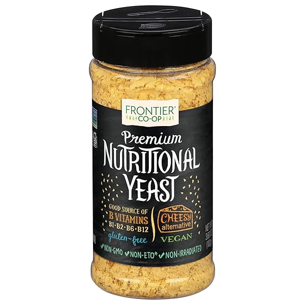 FRONTIER CO-OP PREMIUM NUTRITIONAL YEAST FLAKES, 3.6 OZ. – VEGAN, GLUTEN-FREE, KOSHER, NON-IRRADIATED SEASONING, DAIRY-FREE CHEESE FLAVOR, RICH IN B VITAMINS