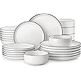 MALACASA Plates and Bowls Sets, 24 Pieces Modern Porcelain Dinnerware Set for 6 Ceramic Dishware Dishes White Kitchen Dinner Dining Ware Set wtih Black Rim Microwave and Dishwasher Safe, Series LUNA