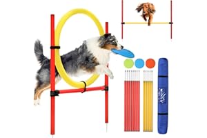 HWONMTE Dog Agility Equipment Set 28 Piece Training Starter Kit Dog Obstacle Course for Training Pet Outdoor Games for Backyard Includes Flying Disc, Jumping Ring, High Jumps, Slalom Poles with Carrying Bag