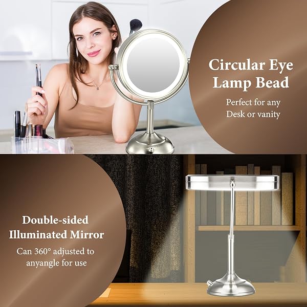 PROFESSIONAL 8.5″ LARGE LIGHTED MAKEUP MIRROR WITH BRIGHTER LIGHTS, 1X/10X TRUE HD MAGNIFYING MIRROR WITH 3 COLOR DIMMABLE LIGHTS, 90 SHADOWLESS LEDS, 360°SWIVEL SEAMLESS VANITY MIRROR, PEARL NICKEL