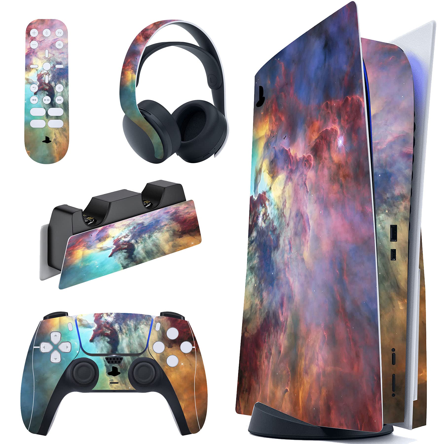 PlayVital Mystic Nebula Full Set Skin Decal for PS5 Console Disc Edition, Sticker Vinyl Decal Cover for PS5 Controller & Charging Station & Headset & Media Remote