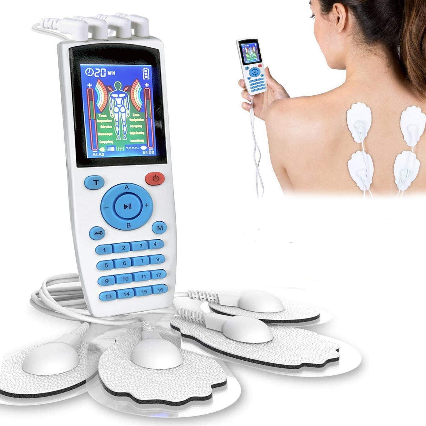MATEHOM Tens Machine For Pain Relief,Tens Machine With 4 Outputs,Apply 8 Pads, 16 Modes Massager