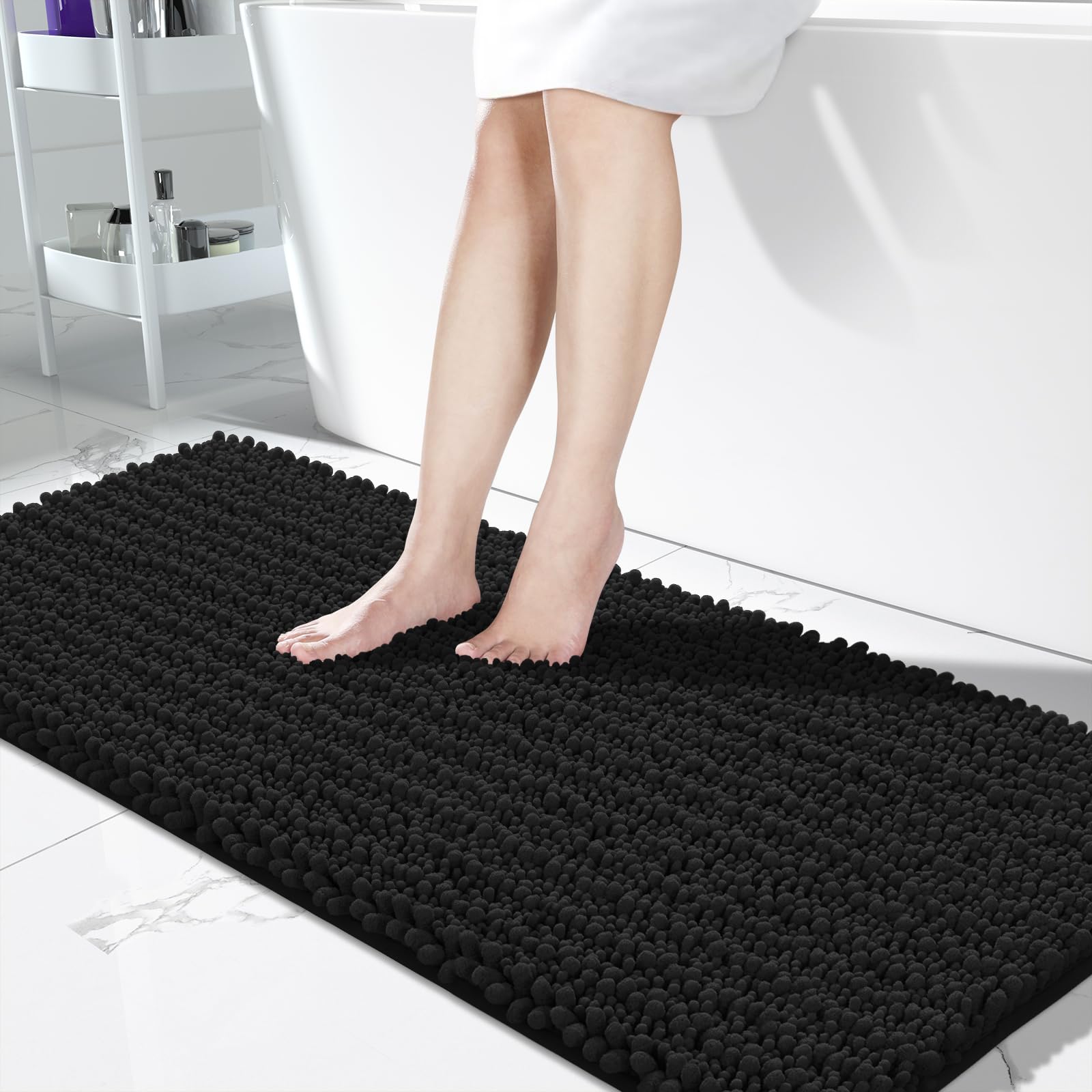 Photo 1 of Yimobra Bathroom Runner Rug 60x24 Inch - Extra Long Non Slip Chenille Bath Mat, Soft & Absorbent, Machine Washable Shaggy Hallway Carpet for Vanity Tub Shower, Black Home Decor Accessories