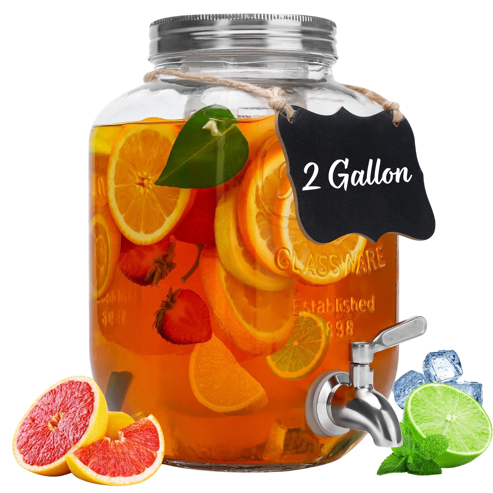 Photo 1 of 2 Gallon Glass Beverage Dispenser with Lid, Stainless Steel Spigot, Glass Drink Dispensers for Parties, Lemonade Dispenser With Ice Cylinder for Weddings, Party,Sun Tea Jar, Water Juice Dispensers