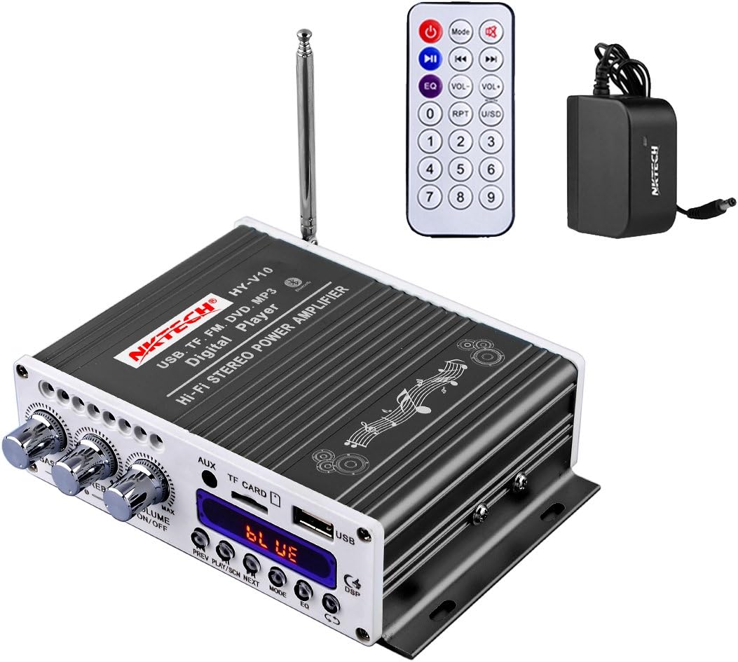 NKTECH 3A Power Adapter HY-V10 FM/MP3/USB/TF/DVD Audio Speaker Car Bluetooth Digital Amplifier Hi-Fi Bass 2 Channel DSP 2X 20W RMS Player Black + Remote Controller