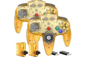 SAFFUN 2 Pack 2.4 GHz Wireless N64 Switch Online Controller, USB & N64 Receiver, Compatible with Windows PC iOS Mac Raspberry Pi, N64 / Switch Online/NSO - (Rechargeable) (Plug and Play) (Clear Yellow)