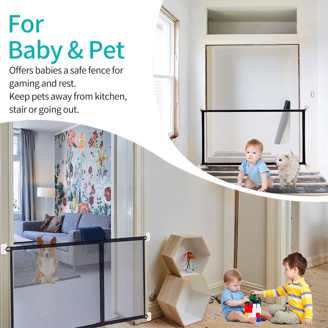 3-in-1 Sizes Magic Gate Pet Gate for Dog Doors with Hooks Safety Fence Black (71" 43" 27" Length) : Baby