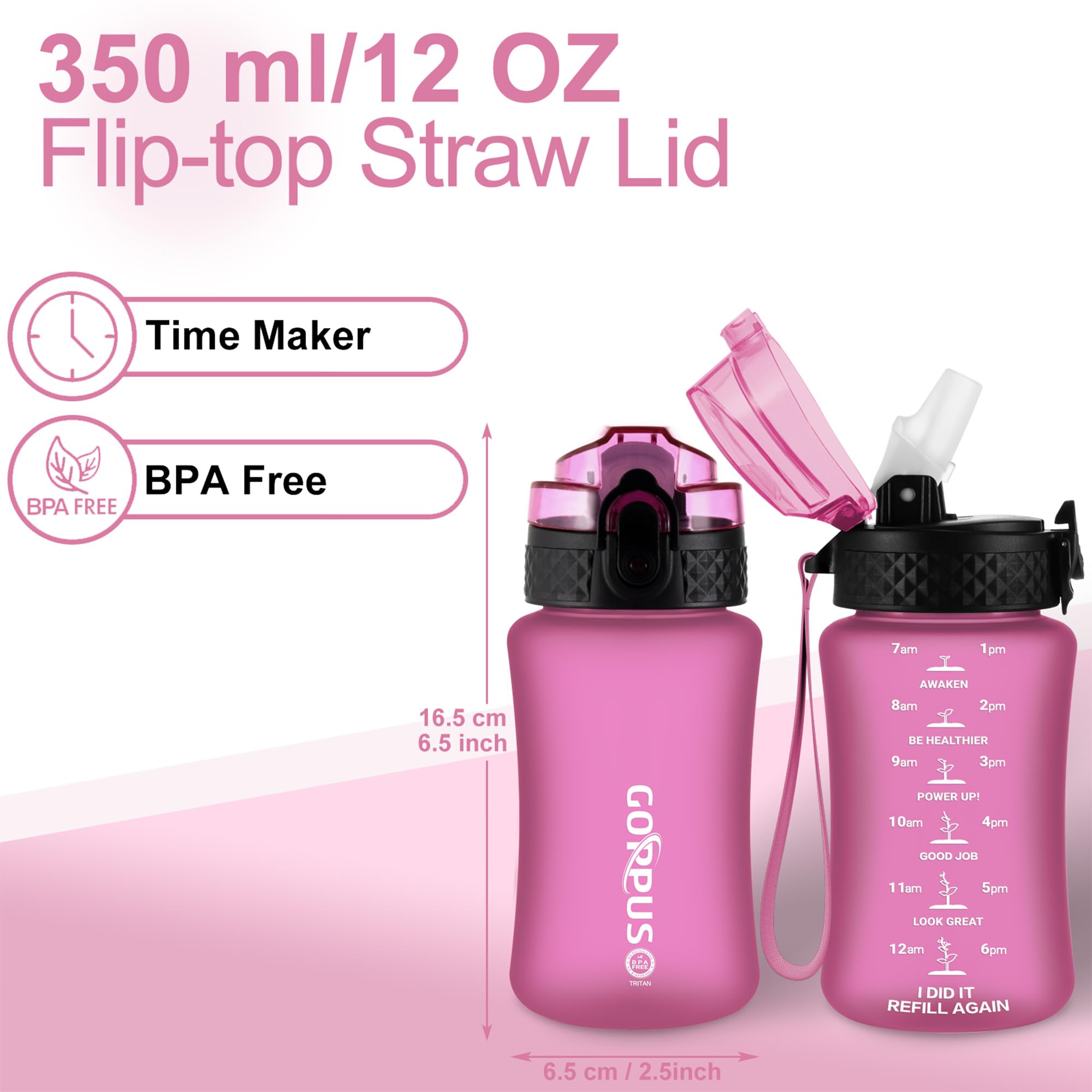 GOPPUS Kids Water Bottle with Straw Spout Lid 10pcs Stickers 12 oz Leak-proof BPA Free Motivational Time Marker Tritan Plastic Water Bottles for Girls Boys School Sports - view 2