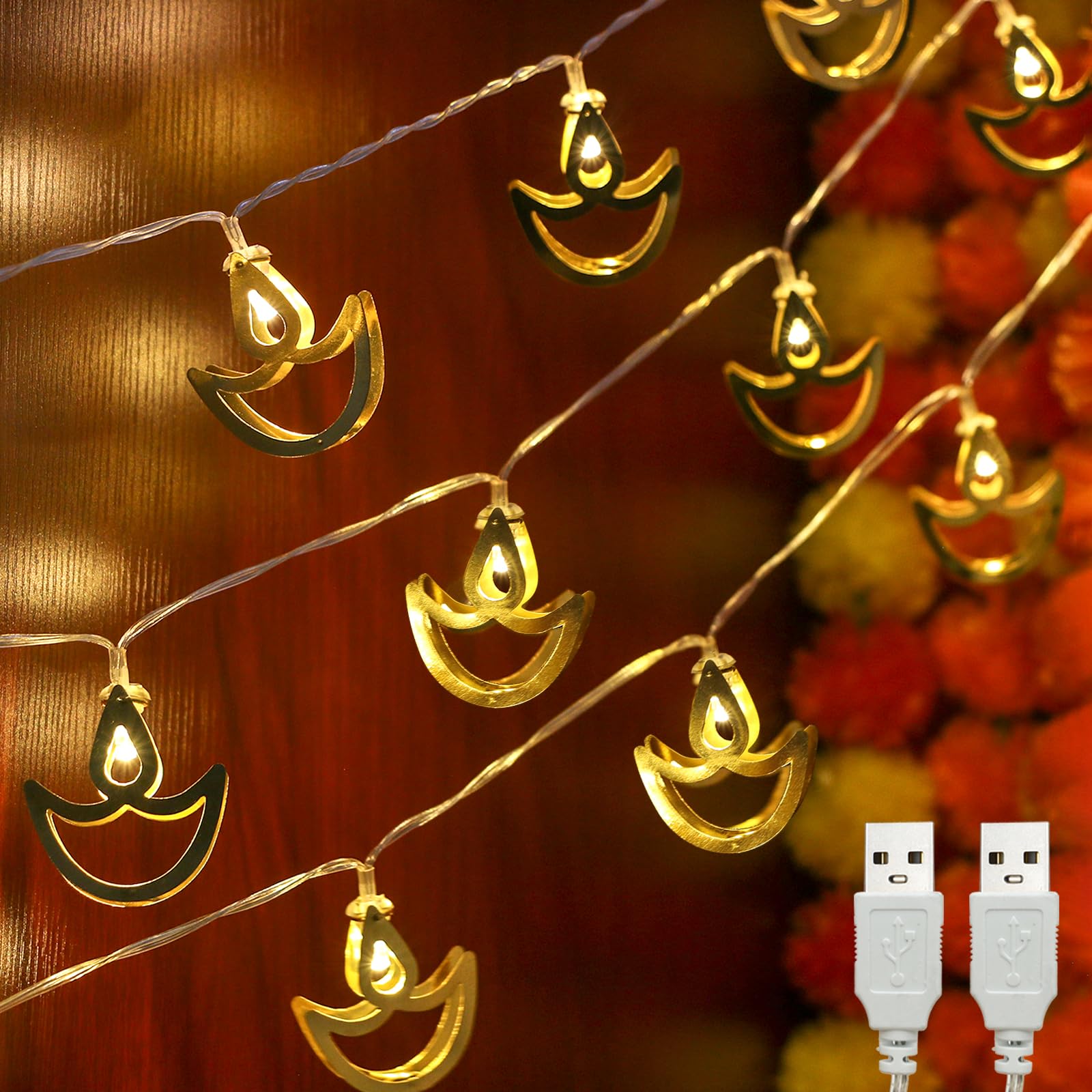 Photo 1 of 2 Strings 20pcs Metal Diwali Diya String Lights - Warm White USB LED Electric Diya Lights for Diwali Gifts, Mandir, Altar, Shrine Pooja Decor - Reusable Hindu Festival Wedding Puja Decorations