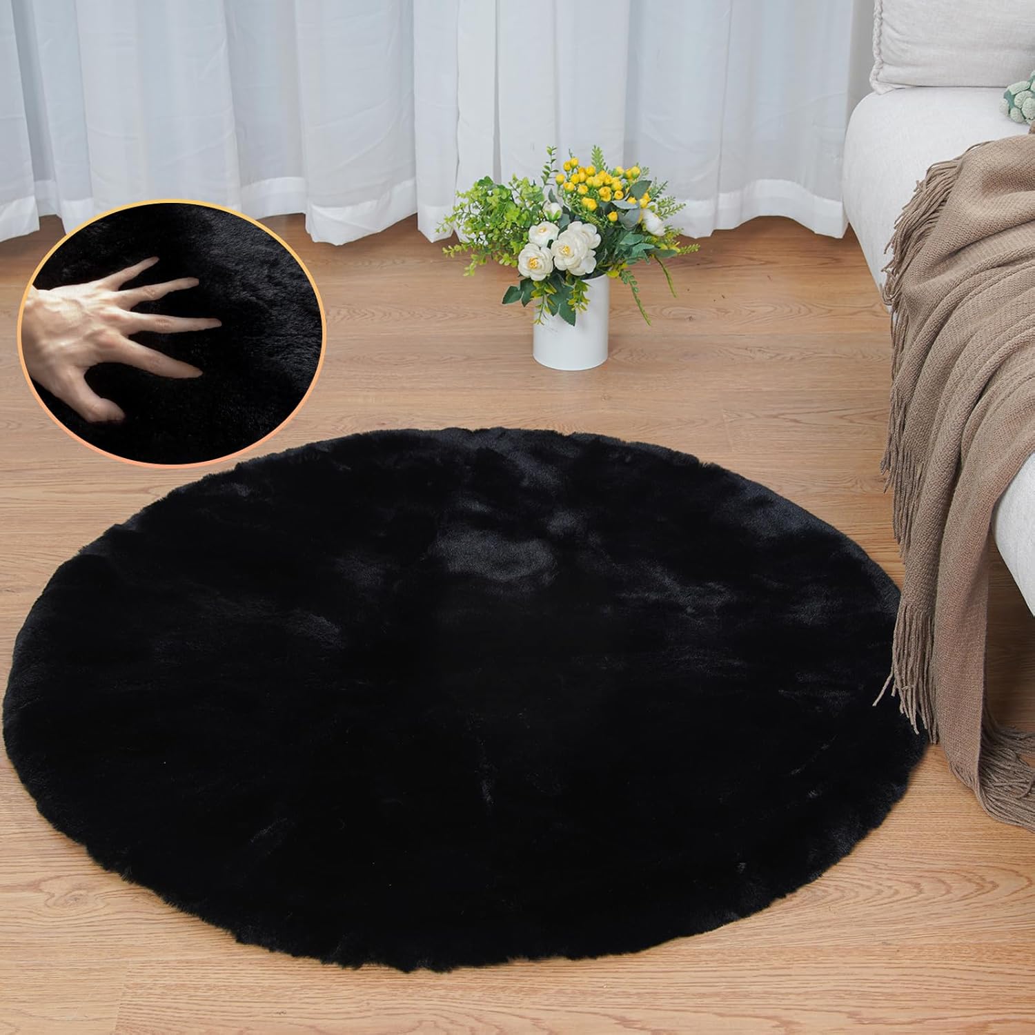 Rugs, Pads & Protectors - ORINOVA Black Rabbit Shaggy Fur Rug for Bedroom Washable Furry Circle Area Rugs for Living Room Kids Small Round Rug 3ft Nursery Rug