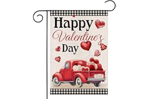 EKOREST Happy Valentines Day Garden Flag 12x18 Double Sided,Buffalo Plaid Truck with Balloons Small Yard Flag,Seasonal Outdoor Decor for Anniversary Wedding Holiday Outside
