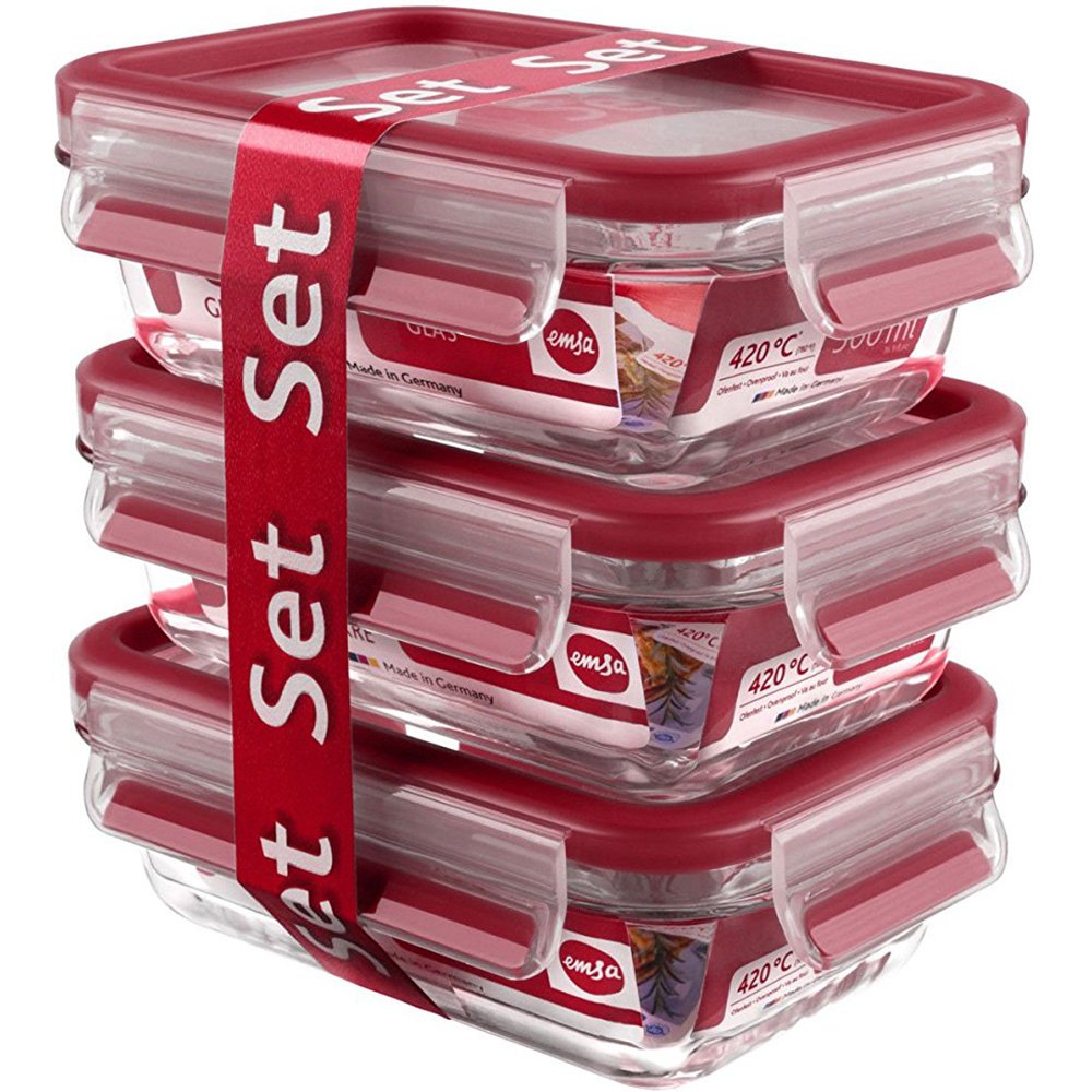 Emsa 3 x 0.5 Litre Clip & Close Fresh Holding Box-Set, Glass, Transparent/Red, 35 x 25 x 10 cm