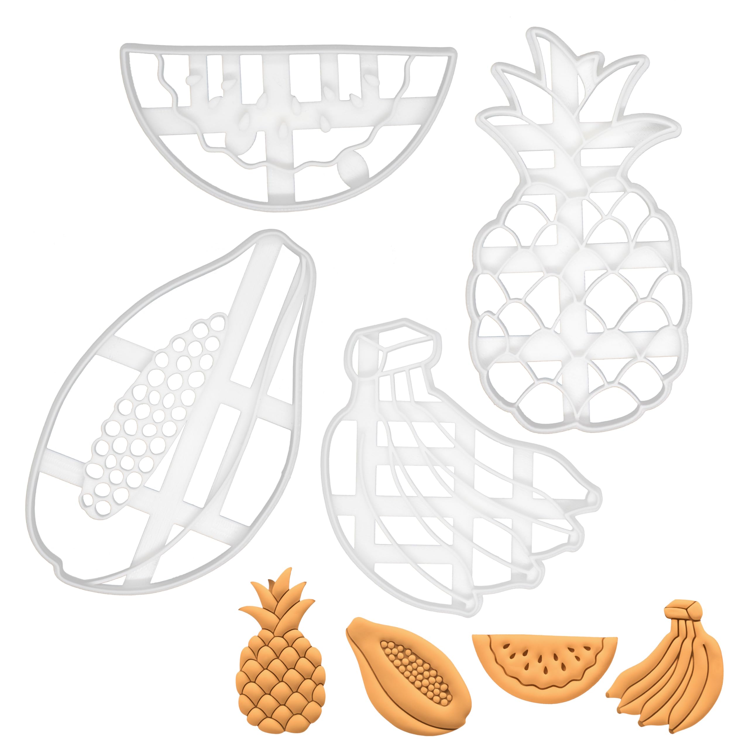 BAKERLOGY Set of 4 Fruit Cookie Cutters (Designs: Pineapple, Banana, Watermelon, and Papaya) - Detailed Biscuit Cutter Design for Baking and Crafts, Ideal on Fondant, Dough, Clay