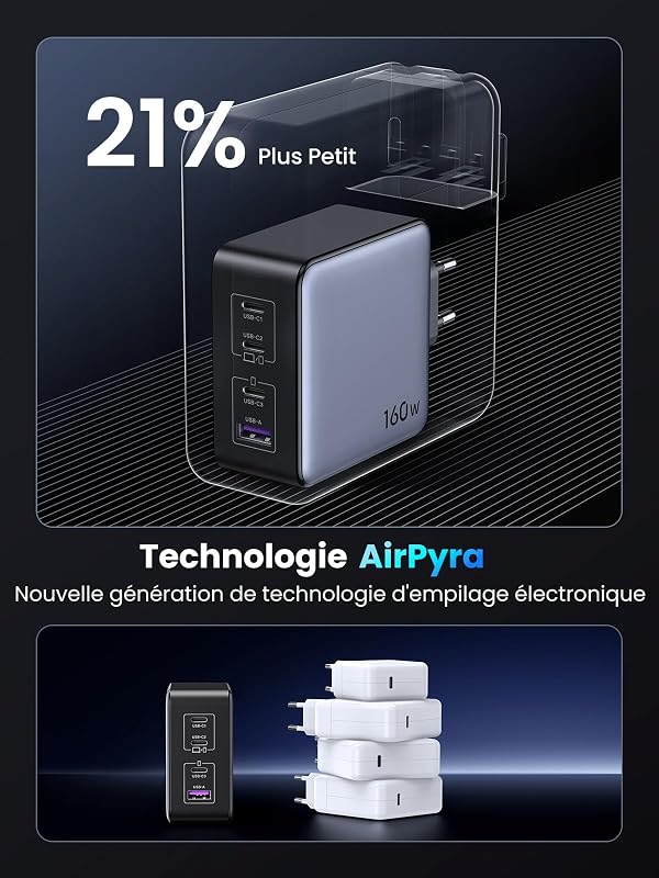Nexode 160W Chargeur USB C Rapide 4 Ports GaNInfinity Prise Secteur