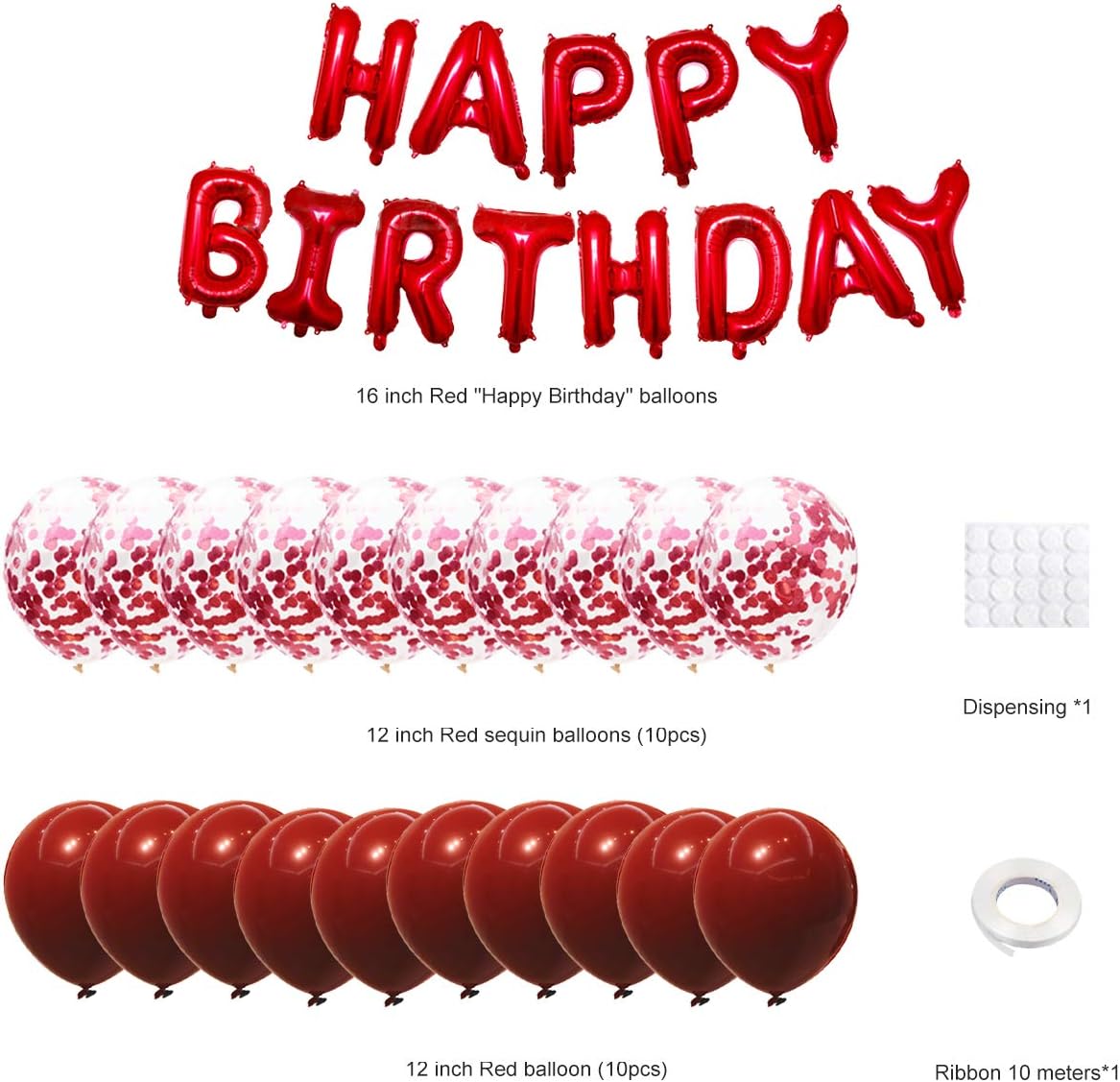 Happy Birthday Banner, Red Balloon Decoration Set, 20 Pack Including Latex and Confetti Balloons - Image 3