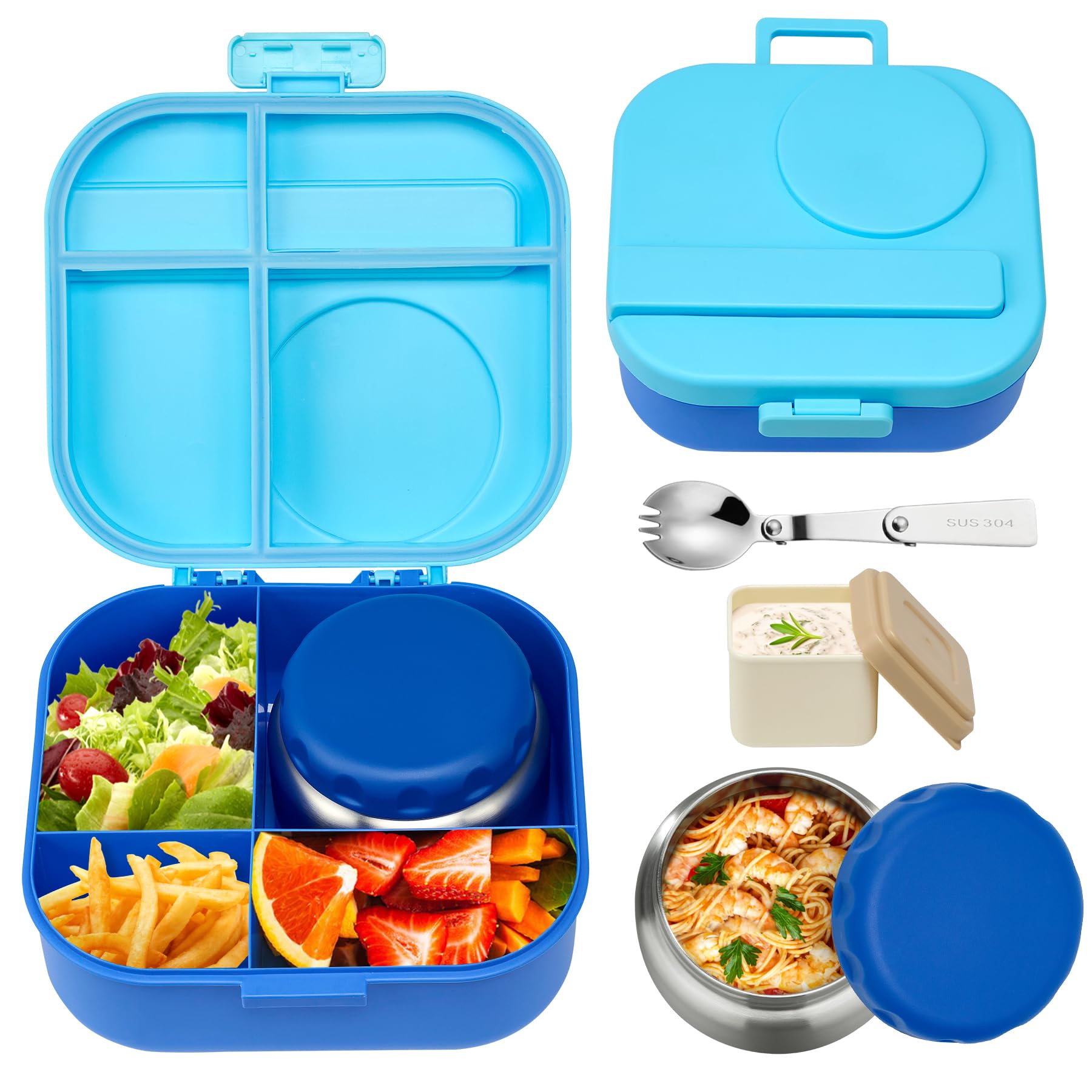 Photo 1 of Aimsnk Bento Lunch Box for Kids with 12oz Soup Thermo,4 Compartments Lunch Box Containers Kids, Includes Foldable Spoon &Sauce Jar, BPA Free&Leak proof,Insulated Food Jar for Travel,School,Picnic