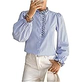 GORGLITTER Women's Ruffle Shirt Striped Long Sleeve Button Down Shirts Stand Collar Trendy Work Tops