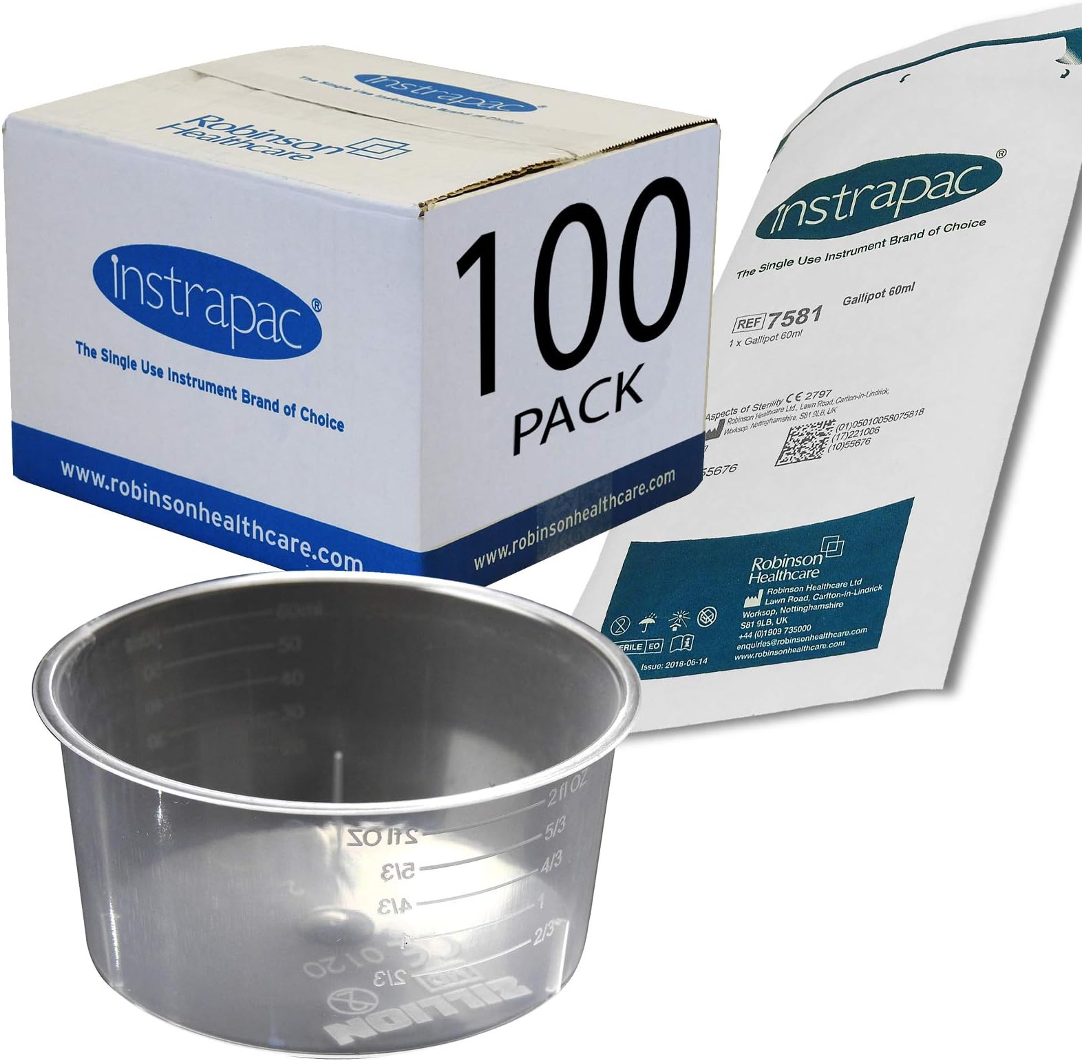 100 Pack - Instrapac Gallipot 60ml, 100% Sterile Dish Bowls Plastic - Individually Wrapped