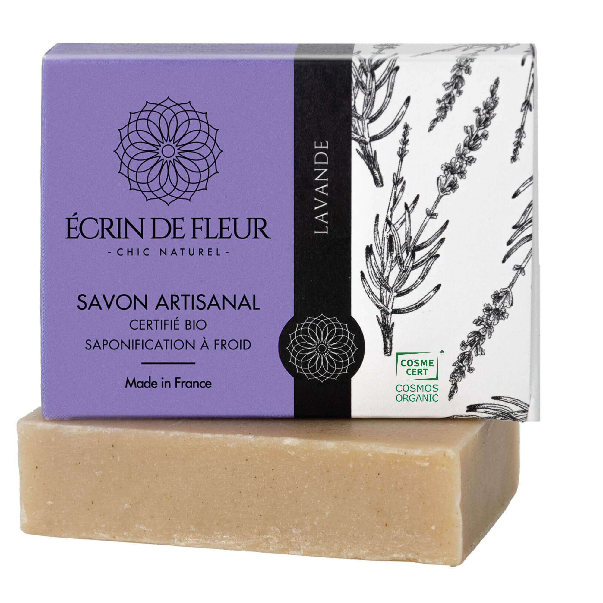 Écrin de Fleur – Lavender Soap for All Skin Types, COSMOS Organic & Nature et Progrès Certified, Handmade in France, Lavandin & True Lavender Essential Oils, 90g