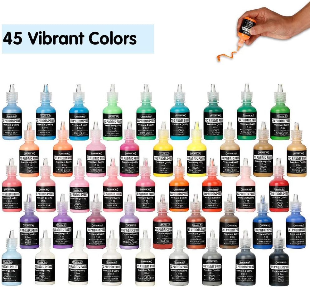 Shuttle Art 45 Colours 3D Fabric Paint Set, Permanent, Glow in The Dark, Glitter, Metallic, With Brushes, Pen, Sheet - Image 3