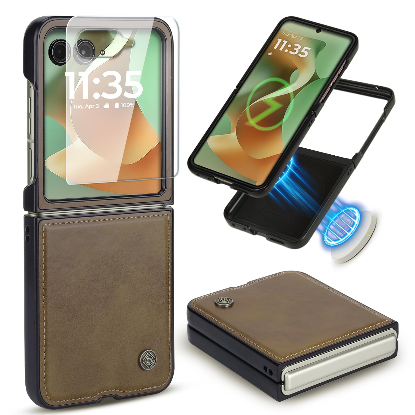 ASAPDOS Leather Folio Magnetic Case for Motorola Razr 2025 Ultra[Compatible with MagSafe],Built-in Screen Protector and PU Leather Thin Slim Protective Case Cover Light Brown