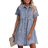 GRAPENT Denim Dress for Women Babydoll Tiered Short Sleeve Button Down Jean Shirt Dresses