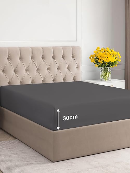 Double Fitted Bed Sheet 135x190x30cm - Deep Fitted Sheet for Mattresses up to 30 cm (12") - Soft Brushed Microfiber - Wrinkle, Shrinkage & Fade Resistant - OEKO-TEX - Dark Grey - Bottom Sheet