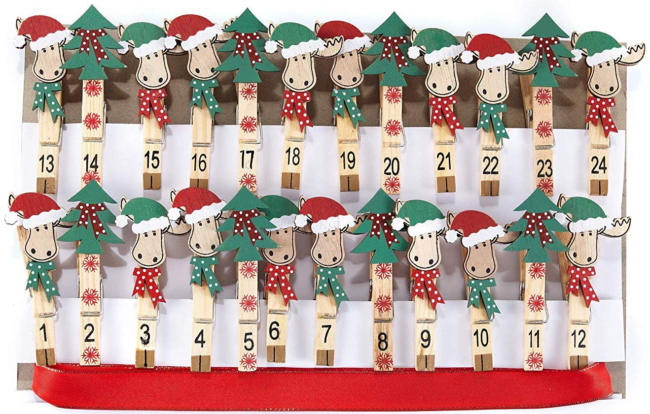 HEITMANN DECO Christmas - Wooden Clips for customized Advent calendar with hanging strap - DIY - Reindeer, Christmas Tree clasps