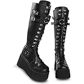 Gothniero High Platform Knee Boots Chunky Heel Wedge Black Boots For Women Combat Goth Punk Motorcycle Booties Zip up With Metal Buckles Size5-11
