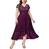 Knitee Women's Plus Size Sequin Floral Lace V Neck Formal Ruffle Hem Formal Prom Party Maxi Dresses