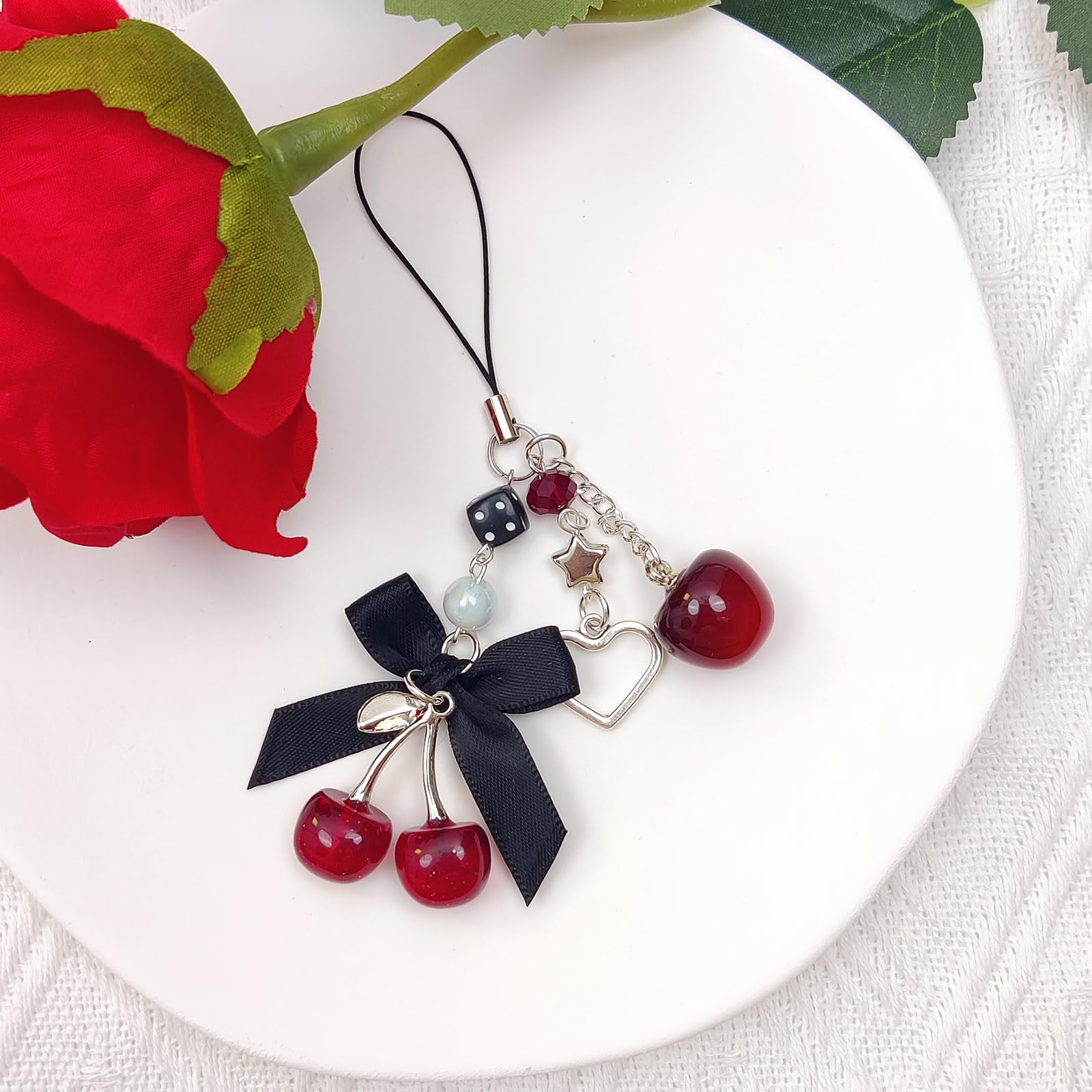 Phone Charms Strap Cute Cherry CellPhone Straps Aesthetic Pink Red Black BlueCherry Phone Chain for Camera Keychain Bag Pendant Decor Gift