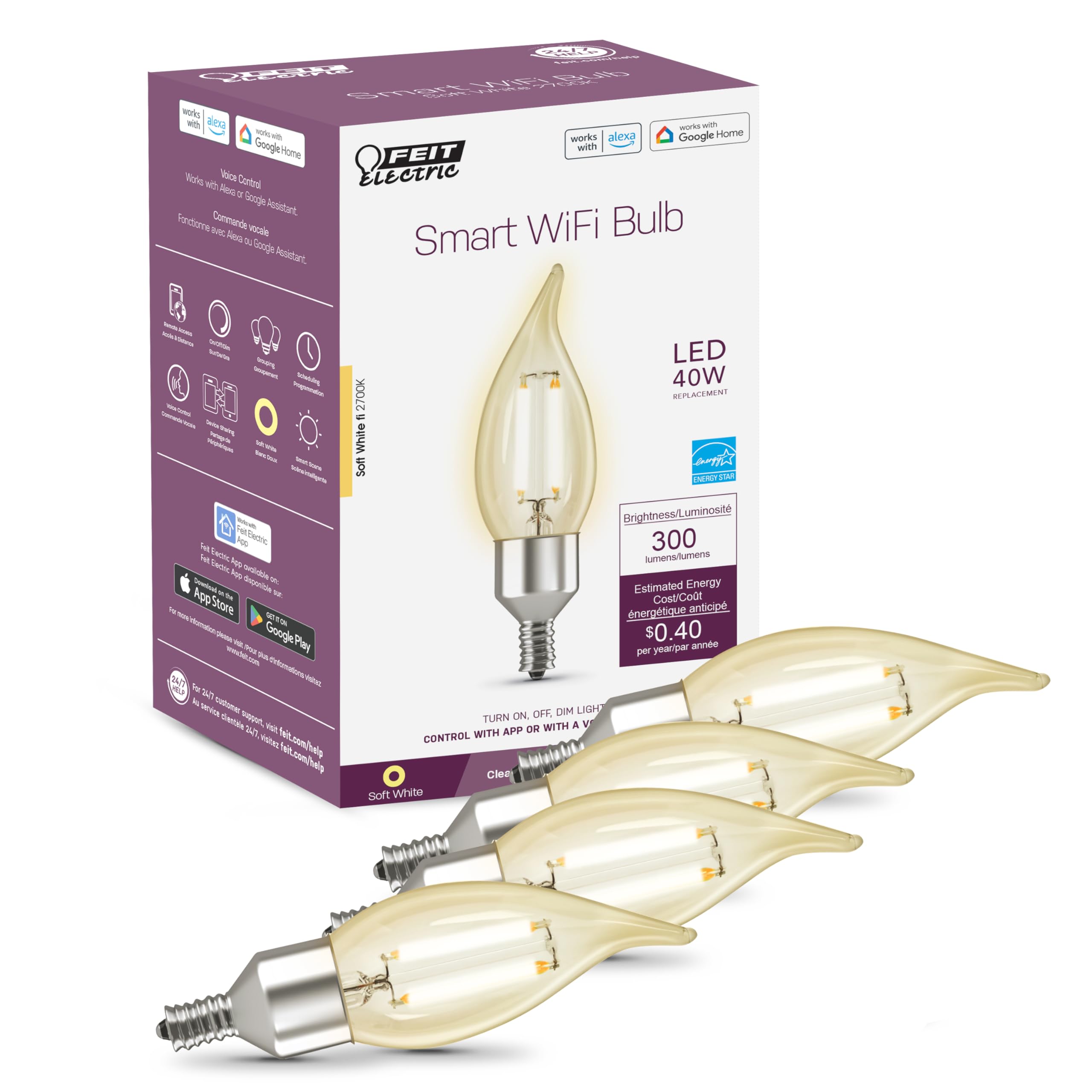 Photo 1 of Feit Electric Smart LED Candle Wifi Bulb, Works with Alexa or Google Assistant, E12 base, No Hub, Flame Tip Filament Chandelier Light Bulb, 2700K Soft White, 4 Pack CFC40/927CA/FIL/AG/4