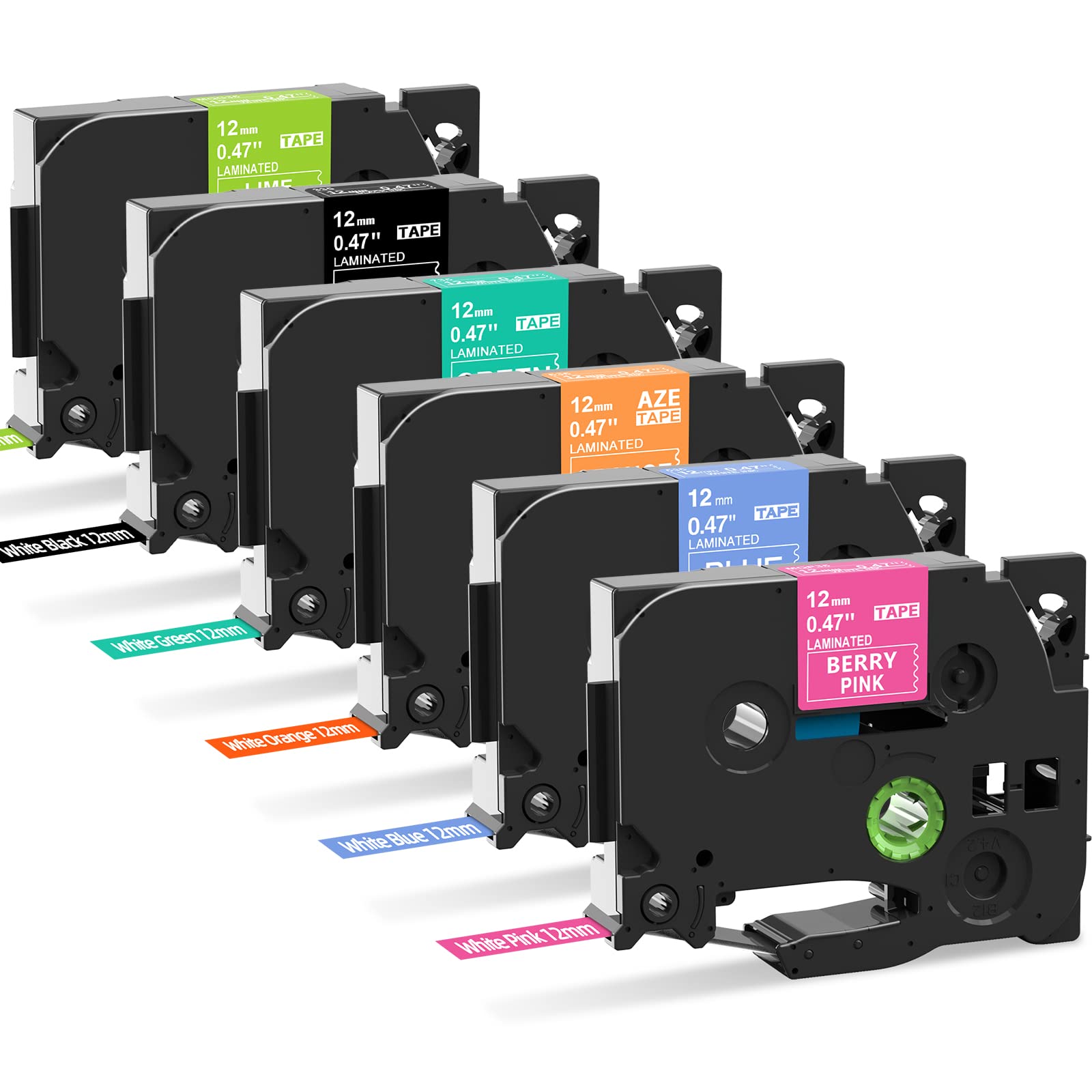 MarkField 6X Compatible Label Tape Replacement for Brother P-Touch TZe TZ 0.47in 12mm x 8m Laminated White Colorful for Ptouch Label Maker Refills PT-900 1000 H100LB H105 H107 H200 Cube D200