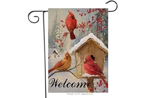 Artofy Welcome Winter Cardinals Red Birds Home Decorative Garden Yard Flag, Birdhouse Berries Tree Branches Outside Decor, Christmas Snow Farmhouse Outdoor Small Seasonal Decoration Double Sided 12x18