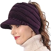 Women's BeanieTail Warm Knit Hat Messy High Bun Ponytail Visor Beanie Cap