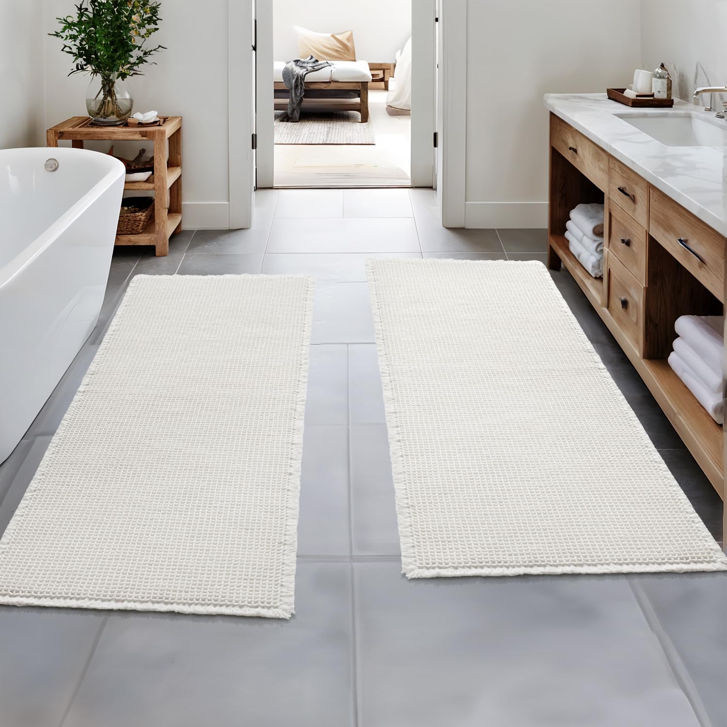 Photo 1 of **Grey**
MIULEE Set of 2 Waffle Bathroom Runner Rugs, Boho Bath Rugs Non Slip Washable, Super Absorbent Runner Bath Mats, Rubber Backed Shower Mats for Hallway Bedroom Laundry Room, White, 2'x6'(24x72 Inch)